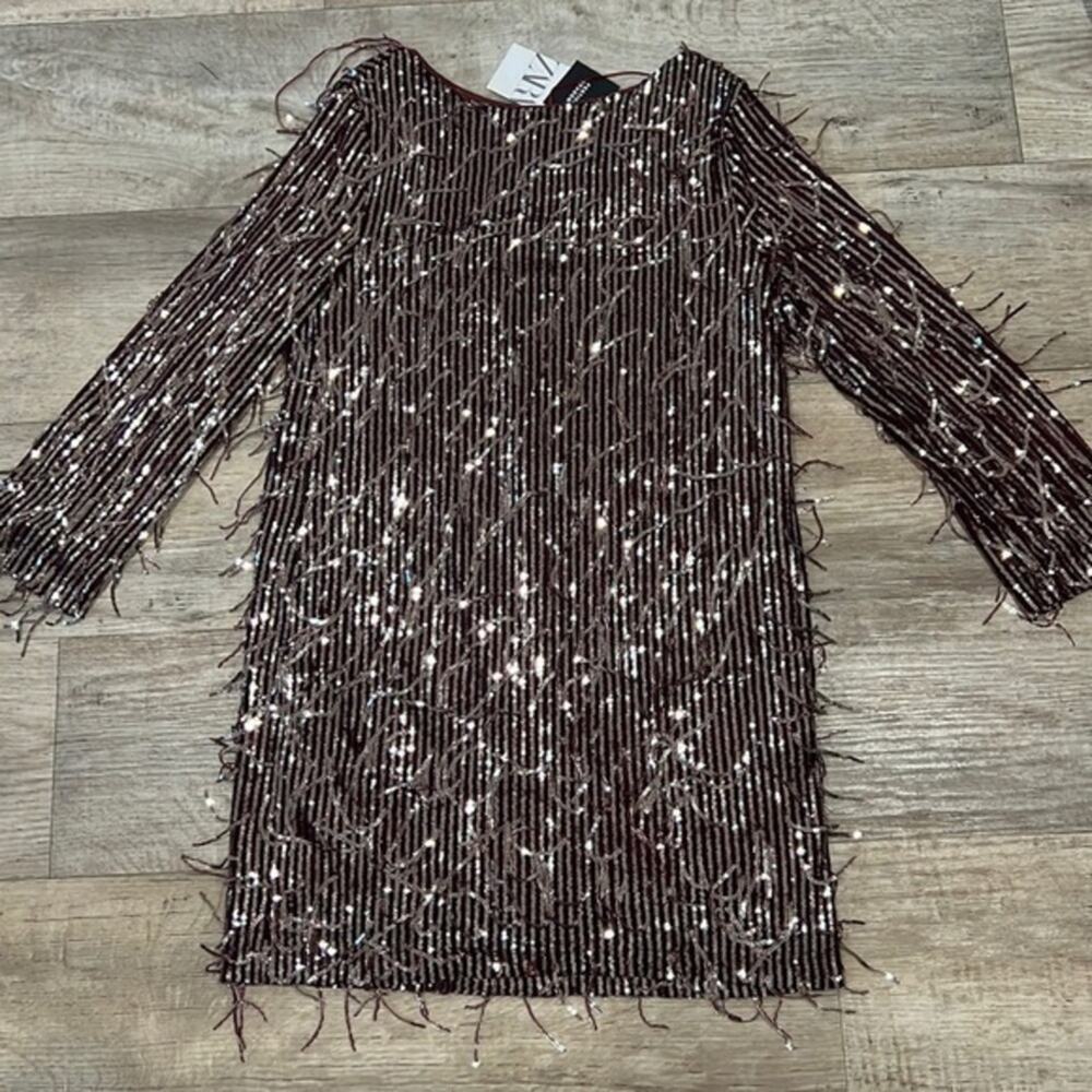 Zara NWT Burgundy Metallic Long Sleeve Party Mini Dress M - Picture 12 of 16